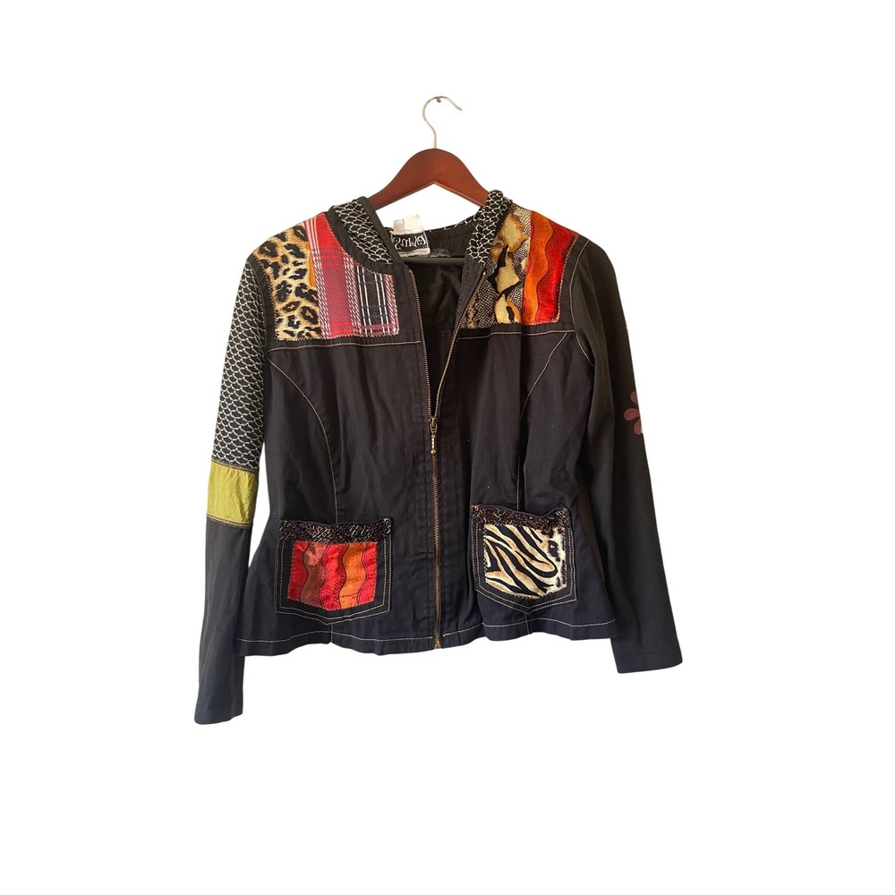 Vintage Surya Womens‎ Patchwork Hooded Jacket Black Beaded Artsy Small